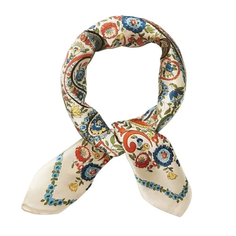 Beige Floral Mulberry Silk Neck Scarf
